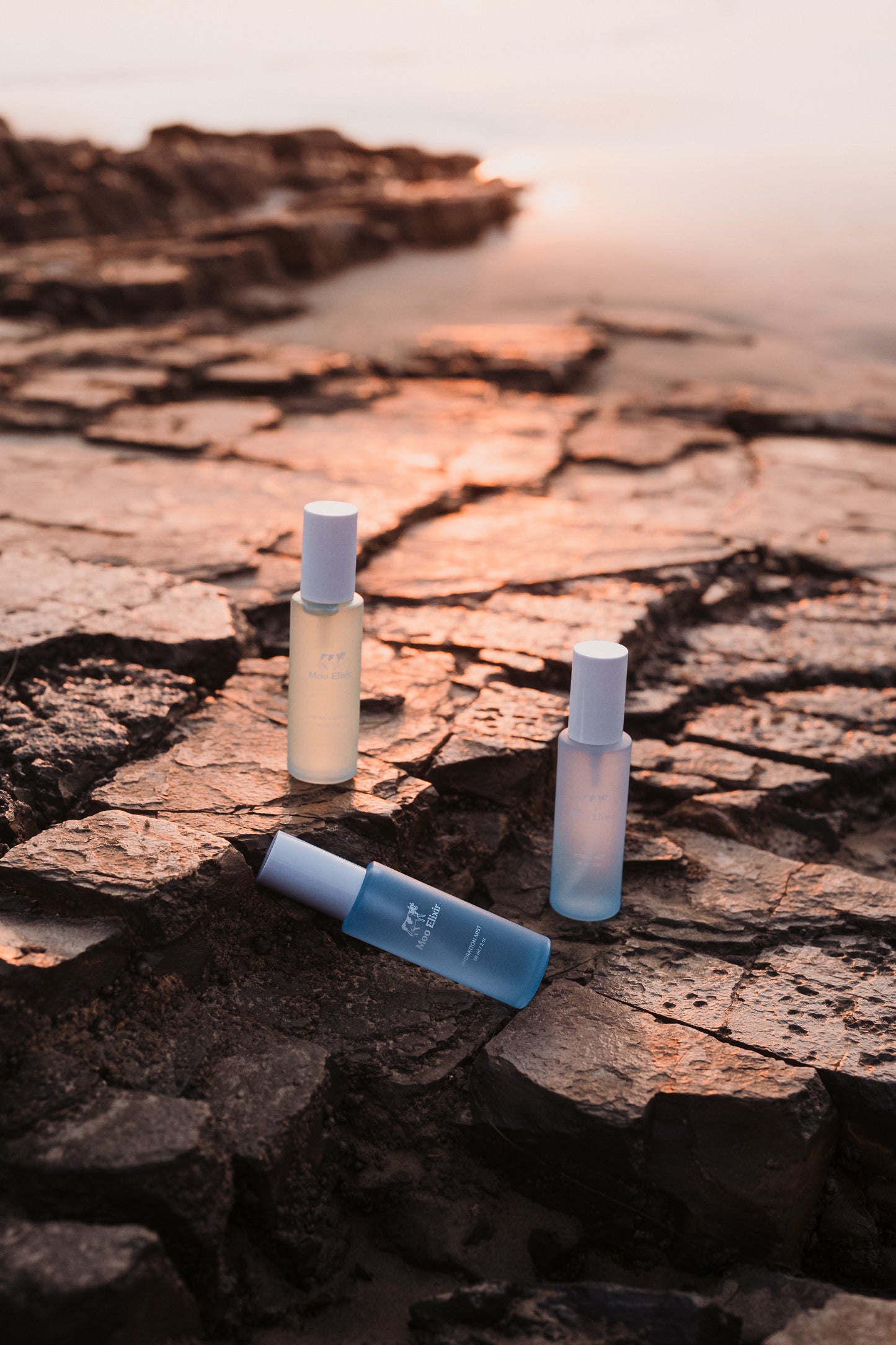 Moo Elixir products on the beach