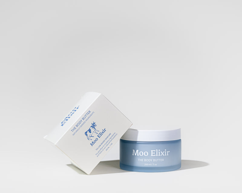 Moo Elixir body butter for deep hydration and soft, nourished skin with natural ingredients & Grass-Fed Tallow 