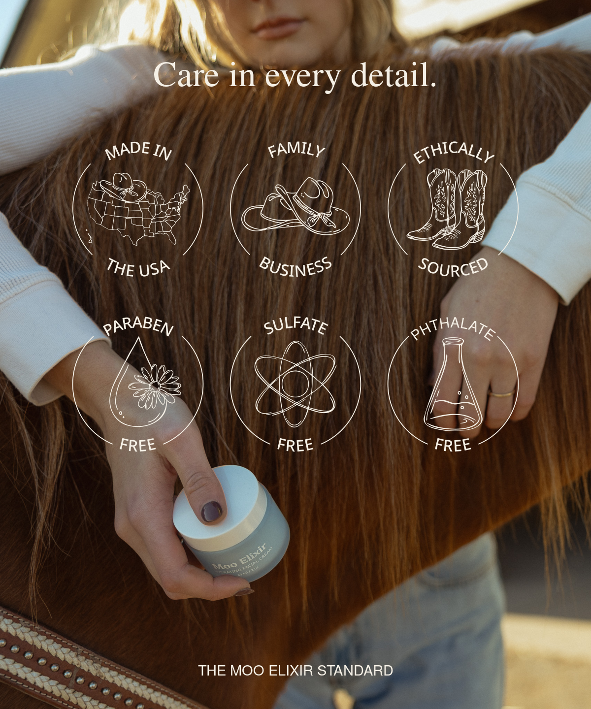 A woman holds a small jar labeled 'THE MOO ELIXIR STANDARD' while wearing a brown fur coat. White text overlays highlight product benefits: 'Care in every detail,' 'Made in the USA,' 'Family Business,' 'Ethically Sourced,' 'Paraben Free,' 'Sulfate Free,' and 'Phthalate Free.