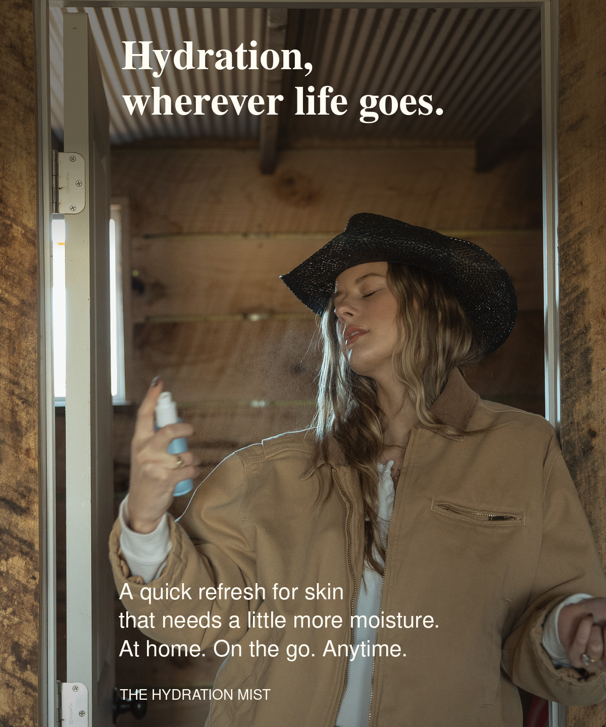 Woman in a cowboy hat spraying Moo Elixir Hydration Mist onto her face. Text reads: “Hydration, wherever life goes. A quick refresh for skin that needs a little more moisture. At home. On the go. Anytime.”
