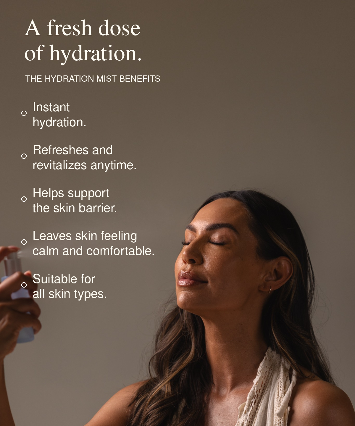 Woman spraying Moo Elixir Hydration Mist onto her face. Text reads: “A fresh dose of hydration. The Hydration Mist benefits: Instant hydration. Refreshes and revitalizes anytime. Helps support the skin barrier. Leaves skin feeling calm and comfortable. Suitable for all skin types.”