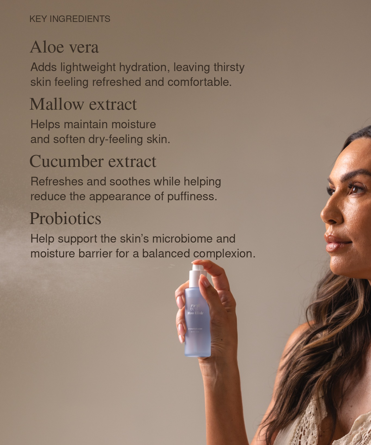 A woman holds Moo Elixir's Hydration Mist against a warm beige background with text listing key ingredients: aloe vera, mallow extract, cucumber extract, and probiotics.