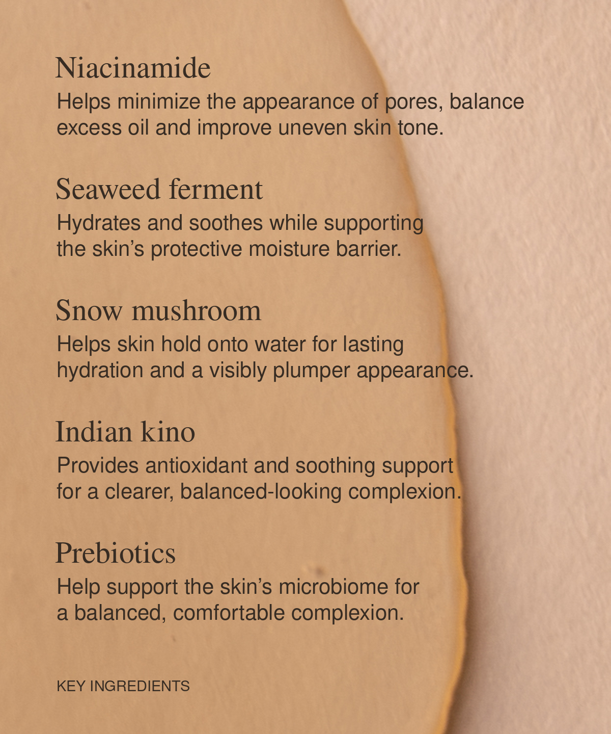 A close-up Moo Elixir Niacinamide Serum with Key ingredients listed, including Niacinamide, Seaweed, Snow mushroom, Indian kino, and Prebiotics.