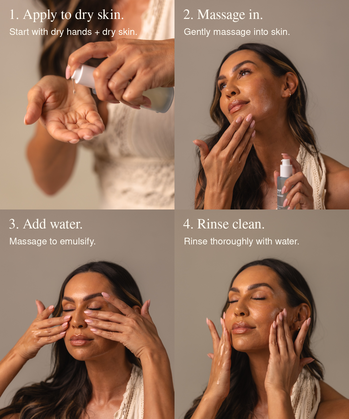 Four-panel guide showing a woman using Moo Elixir Oil Cleanser. Instructions read: “1. Apply to dry skin. Start with dry hands and dry skin. 2. Massage in. Gently massage into skin. 3. Add water. Massage to emulsify. 4. Rinse clean. Rinse thoroughly with water.”
