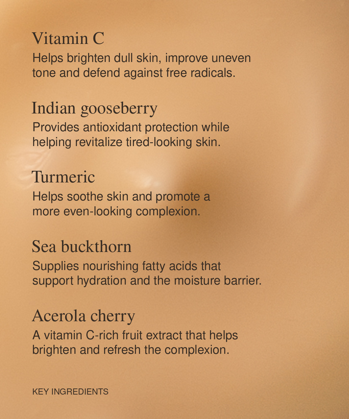 A close-up of Moo Elixir Vitamin C texture with black text listing key ingredients including Vitamin C, Indian gooseberry, Turmeric, Sea buckthorn, and Acerola cherry.